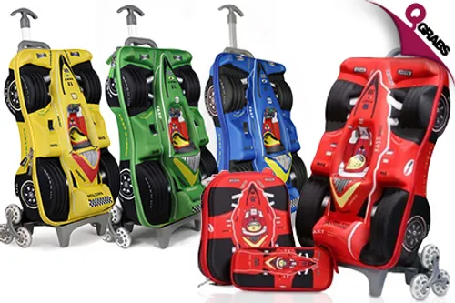 From QR149 Get the Whole Package with a 3D Race Car School Bag Set - Comes with Trolley Bag, Lunch Bag & Pencil Case! (Up to QR249 Value)
